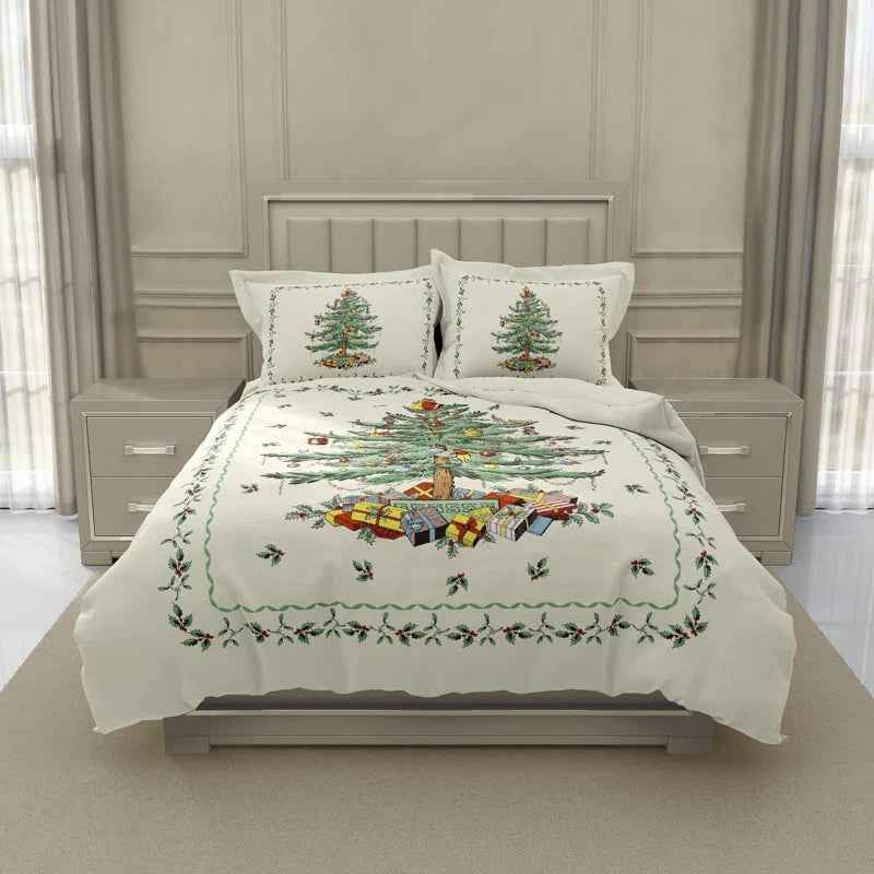 Ivory Christmas Tree Printed Microfiber Comforter Set - Reversible Holiday Bedding with Solid Green Backing