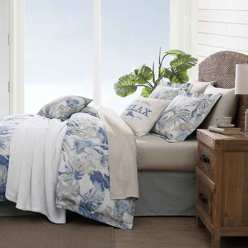 Coast Blue Watercolor Tropical Foliage Cotton Comforter Set - Coastal Bedding with Pillow Shams