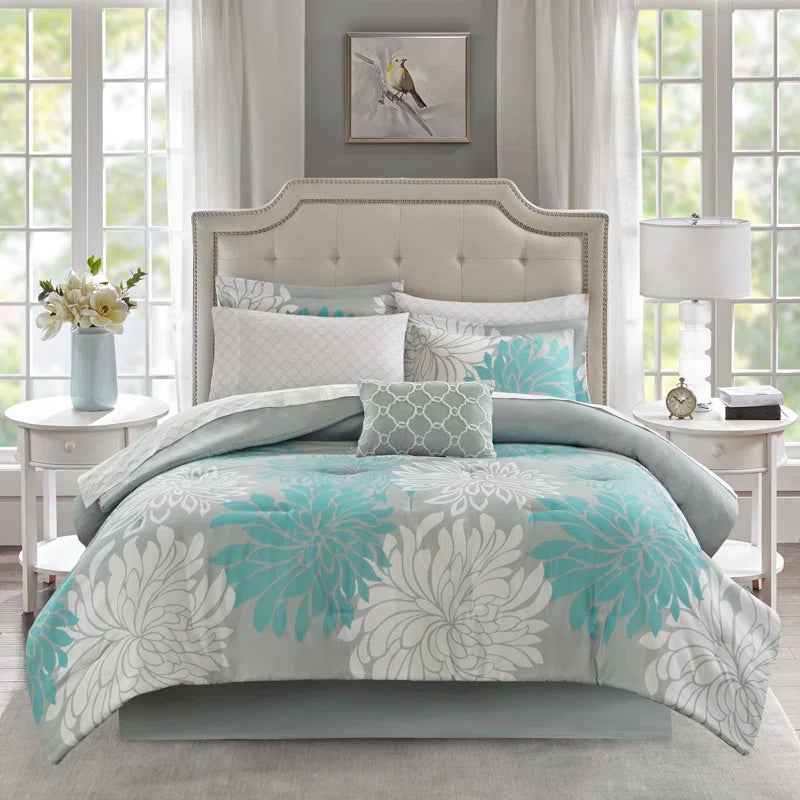 Complete Maible Floral Microfiber Comforter and Cotton Sheet Set - Bed in a Bag with Bed Skirt and Accent Pillow