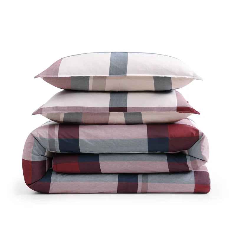 Tommy Hilfiger Prospect Park Plaid 100% Cotton Reversible Comforter Set - Navy Red and Ivory Bedding with Pillow Shams