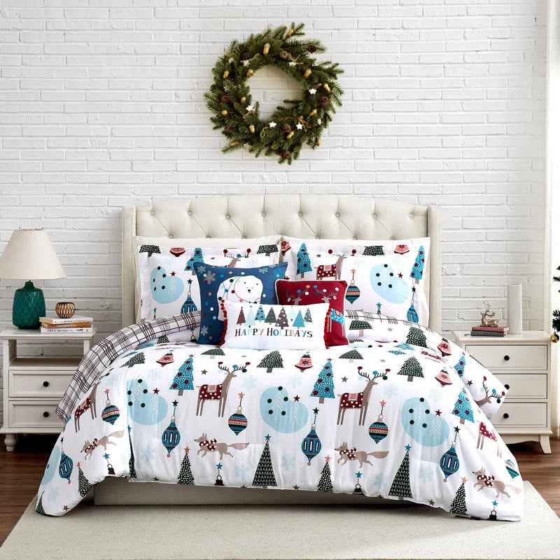 Winter Wonderland Blue and White Reversible Microfiber Comforter Set - 6 Piece Down Alternative Bedding with Throw Pillows