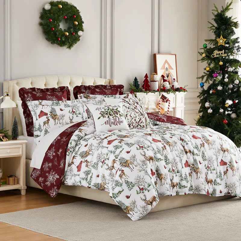 White Christmas Reversible Microfiber Comforter Set - Festive Winter Bedding with Pillow Shams