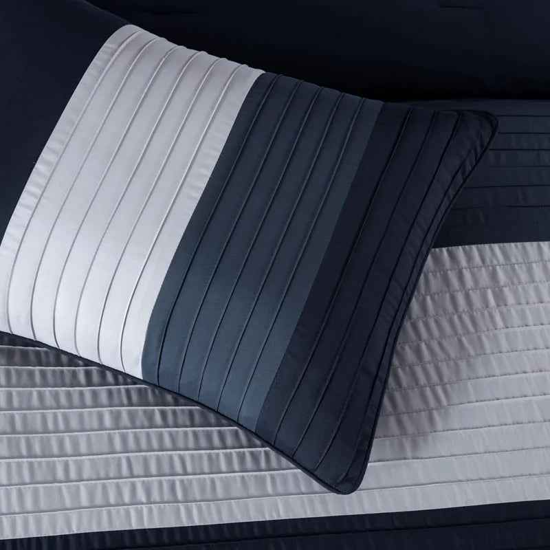 7-Piece Patchwork Pleated Stripe Bed in a Bag Comforter Set - Microfiber Bedding with 15-Inch Deep Pocket Sheets