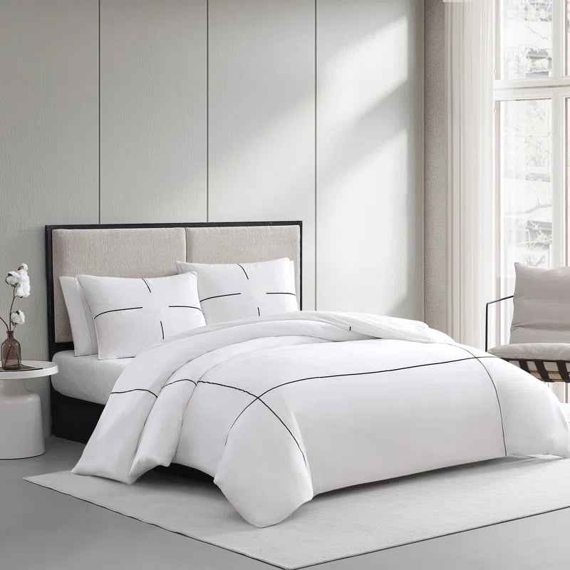 Vera Wang Zig Zag Embroidered White Cotton Sateen Comforter Set - 230 Thread Count Minimalist Bedding with Pillow Shams
