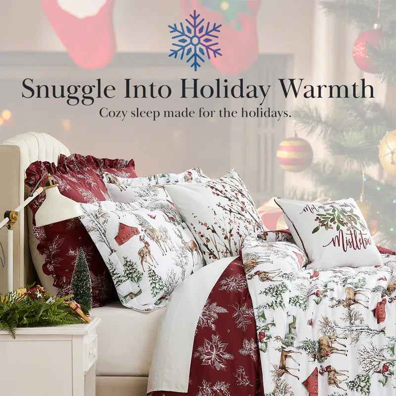 White Christmas Reversible Microfiber Comforter Set - Festive Winter Bedding with Pillow Shams