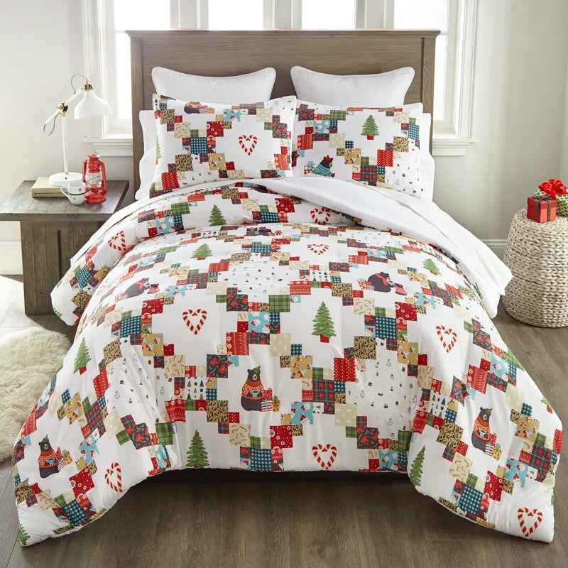Holiday Love 3 Piece Reversible Festive Patchwork Comforter Set - Printed Christmas Bedding with Pillow Shams