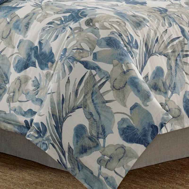 Coast Blue Watercolor Tropical Foliage Cotton Comforter Set - Coastal Bedding with Pillow Shams