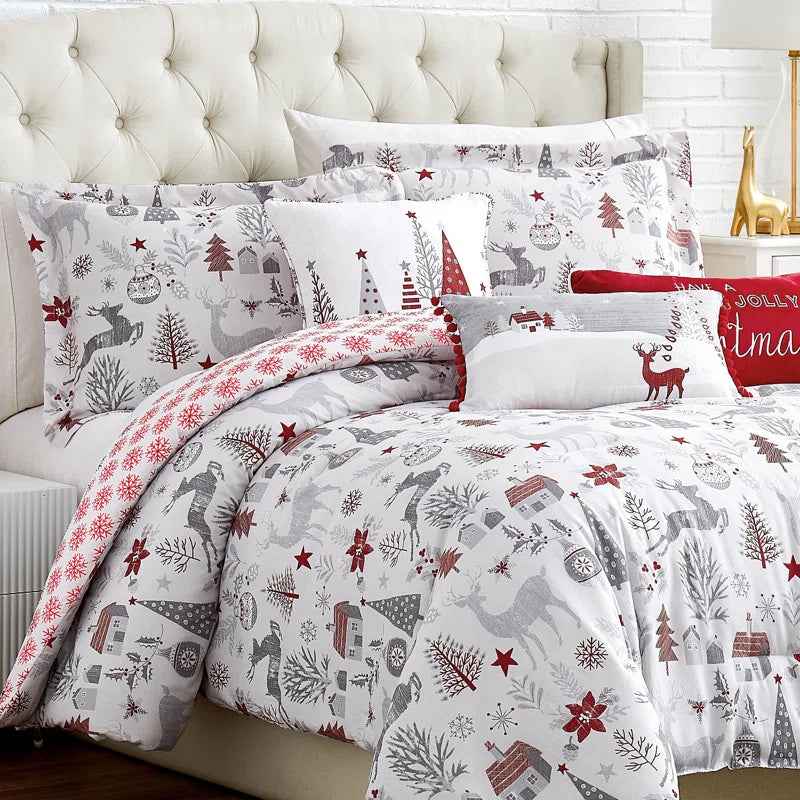 Holly Jolly Red and Gray Reversible Microfiber Comforter Set - 6 Piece Down Alternative Bedding with Throw Pillows