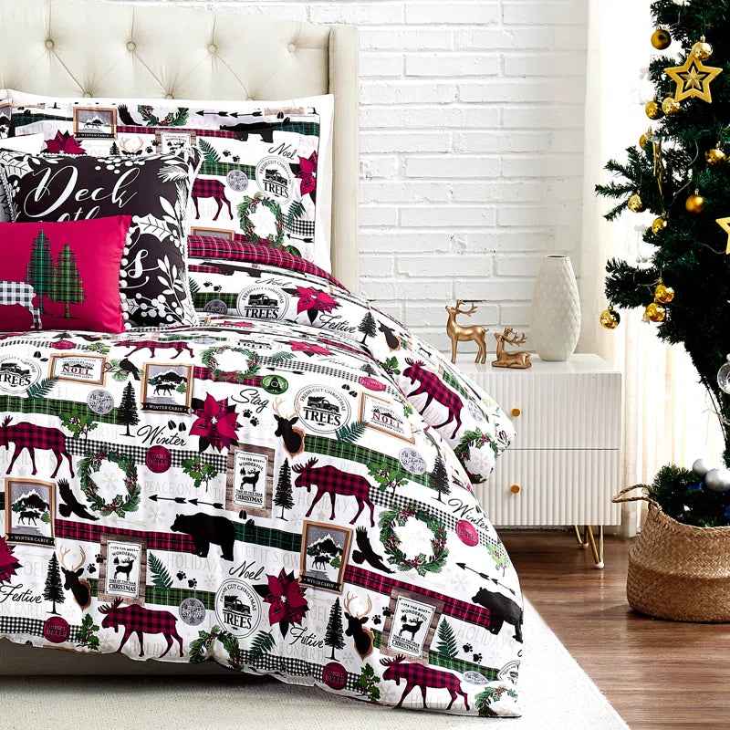 Merry Town White Green and Red Reversible Microfiber Comforter Set - 6 Piece Down Alternative Bedding with Throw Pillows