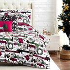 Merry Town White Green and Red Reversible Microfiber Comforter Set - 6 Piece Down Alternative Bedding with Throw Pillows