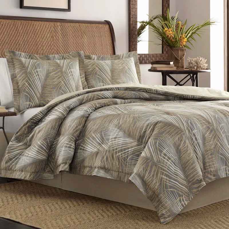 4-Piece Tommy Bahama Raffia Palms Brown Tropical Cotton Comforter Set - Reversible Slub Bedding with Bed Skirt and Shams - Lesvorace