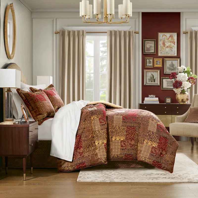 4-Piece Patchwork Chenille Jacquard Comforter Set - Warm Deep-Toned Heavyweight Bedding with Shams and Bed Skirt