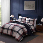 Tommy Hilfiger Prospect Park Plaid 100% Cotton Reversible Comforter Set - Navy Red and Ivory Bedding with Pillow Shams
