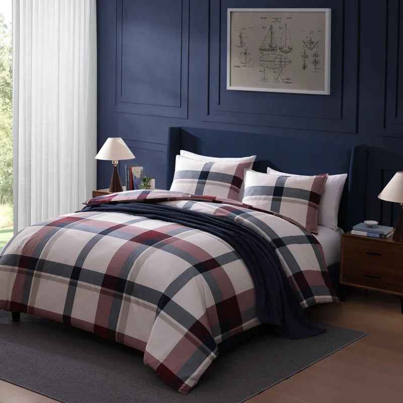 Tommy Hilfiger Prospect Park Plaid 100% Cotton Reversible Comforter Set - Navy Red and Ivory Bedding with Pillow Shams