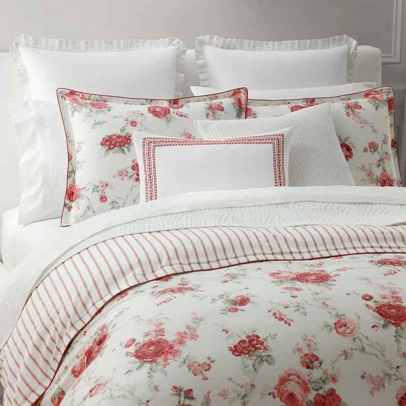 Sofia 100% Cotton Sateen Reversible Floral Comforter Set - Romantic Garden Rose and Ticking Stripe Bedding with Shams