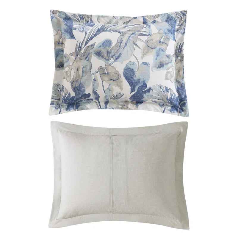 Coast Blue Watercolor Tropical Foliage Cotton Comforter Set - Coastal Bedding with Pillow Shams