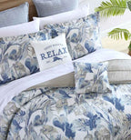 Coast Blue Watercolor Tropical Foliage Cotton Comforter Set - Coastal Bedding with Pillow Shams