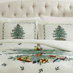 Ivory Christmas Tree Printed Microfiber Comforter Set - Reversible Holiday Bedding with Solid Green Backing