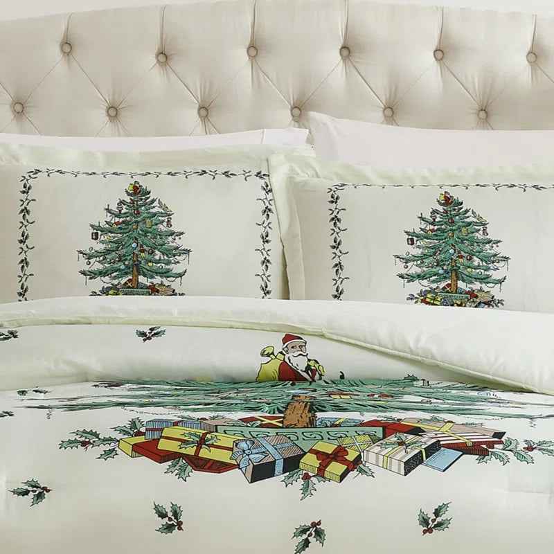 Ivory Christmas Tree Printed Microfiber Comforter Set - Reversible Holiday Bedding with Solid Green Backing